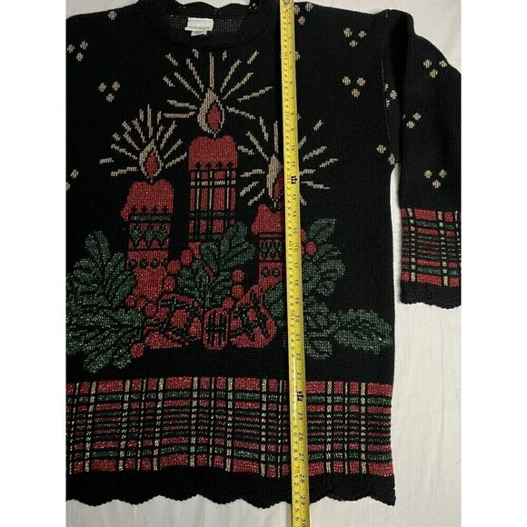 Christmas Knitted Sweater Black Candles Metallic Thread SZ Small Ugly Sweater - Picture 3 of 6